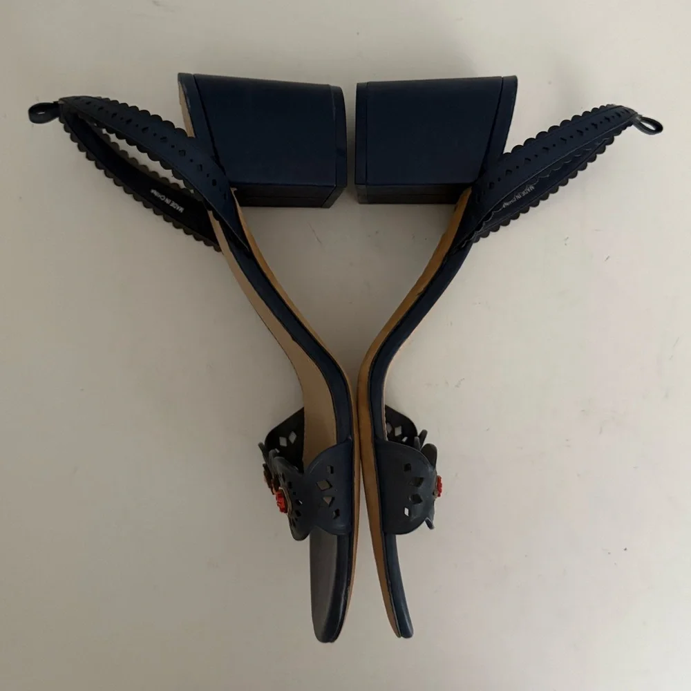 TORY BURCH Marguerite Perforated Floral Navy Blue Slingback Block Heel Sandal 10